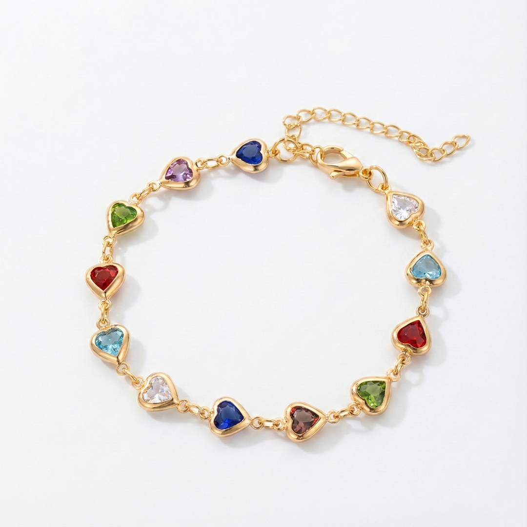 Gold Chain Bracelet Áine with Rainbow Crystal Hearts