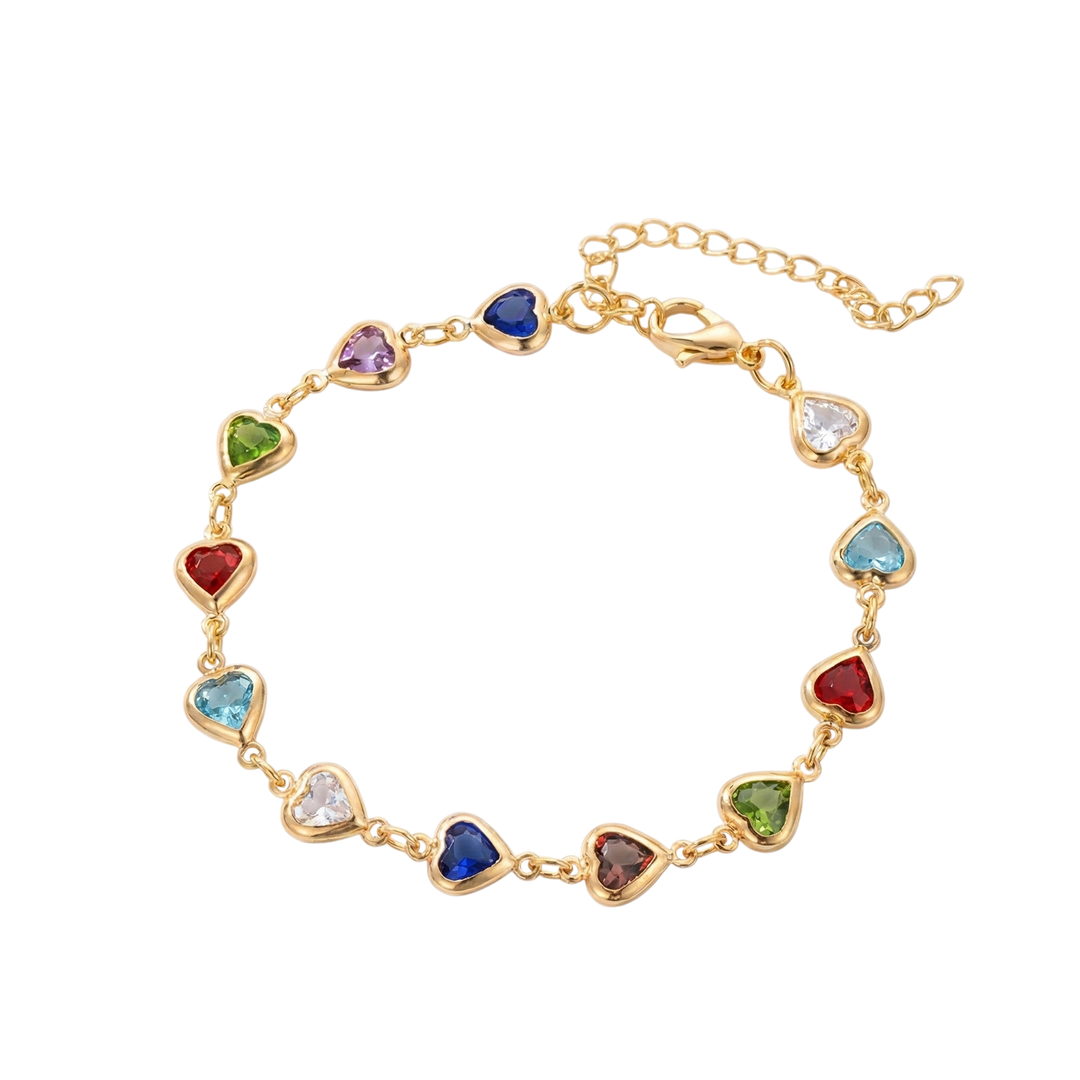 Gold Chain Bracelet Áine with Rainbow Crystal Hearts
