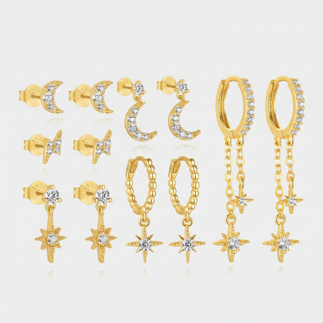Gold Celestial Drop Earrings Aoife with Star and Moon