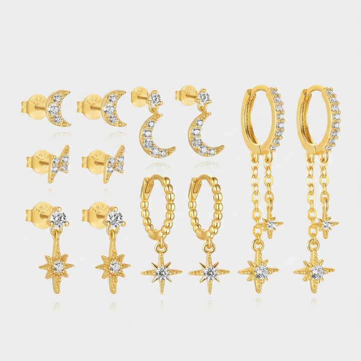 Gold Celestial Drop Earrings Aoife with Star and Moon
