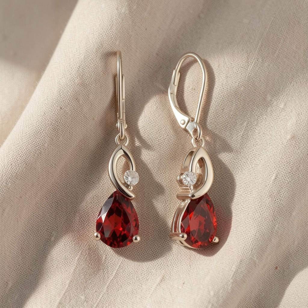 Silver Drop Earrings Sinéad with Ruby Teardrop