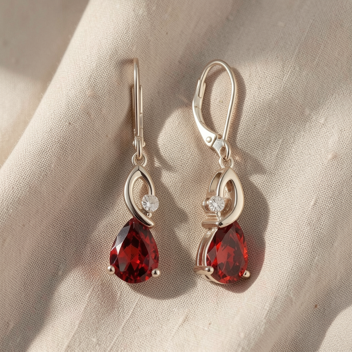 Silver Drop Earrings Sinéad with Ruby Teardrop