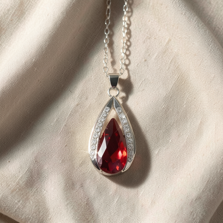 Silver Necklace Aoibh with Red Ruby Teardrop