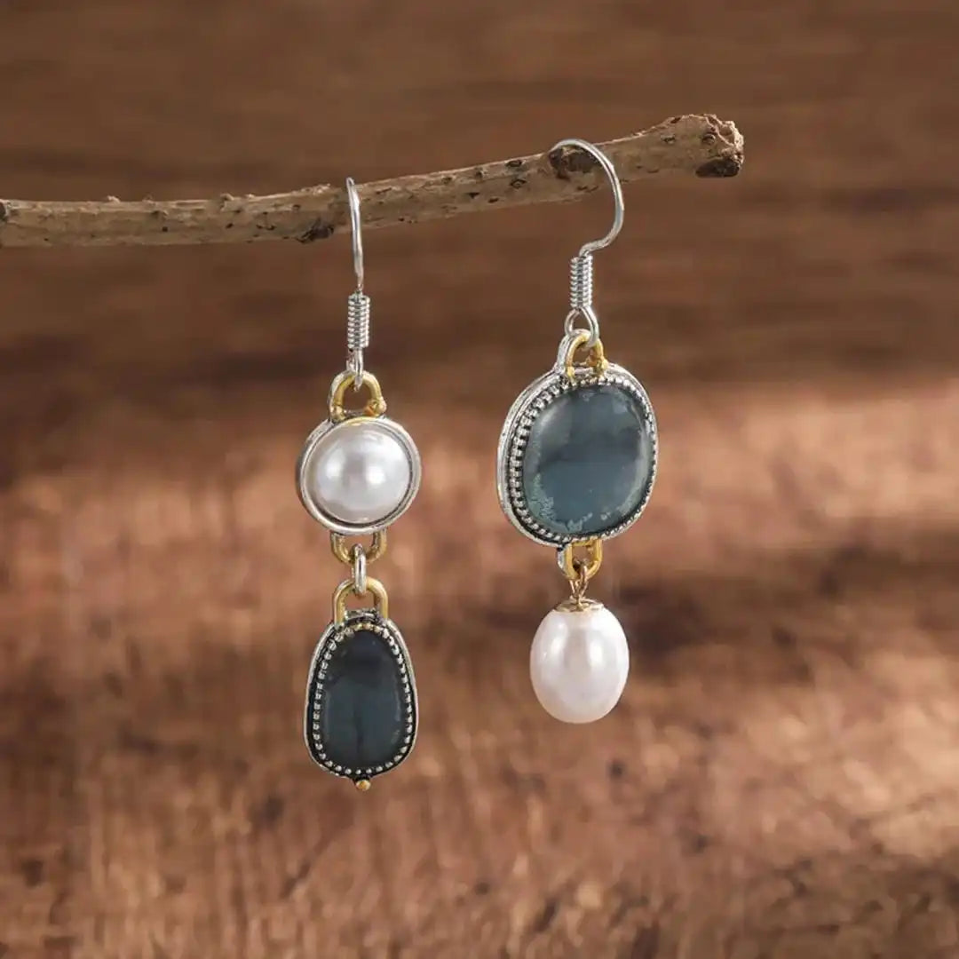 Gold & Silver Drop Earrings with Blue Stones and Pearls