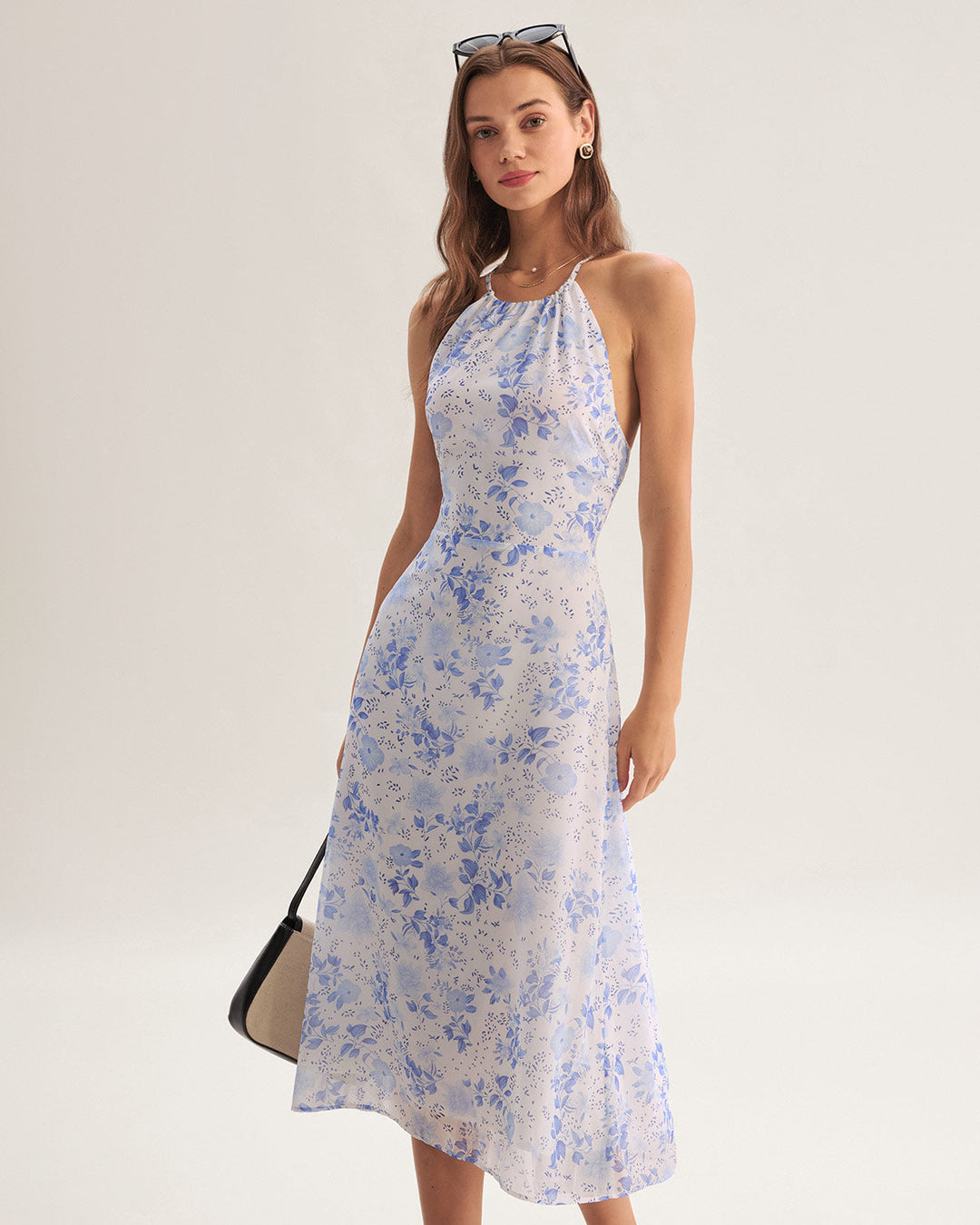 Clarice - Blaues Midikleid mit Blütenmuster