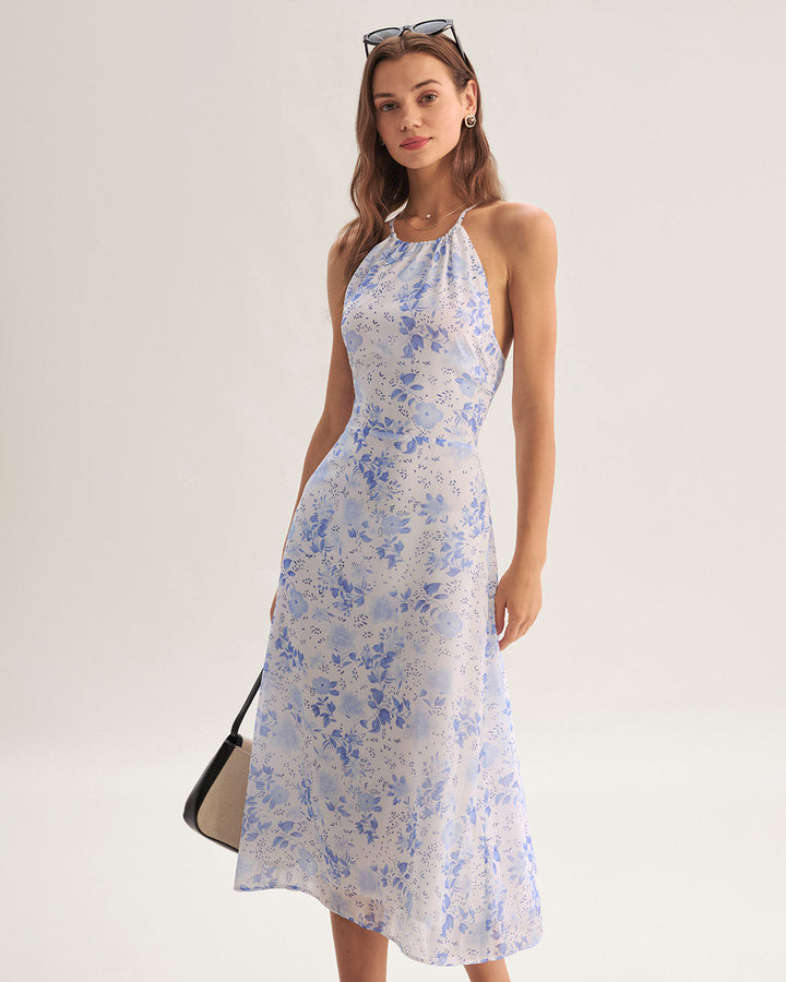 Clarice - Blaues Midikleid mit Blütenmuster
