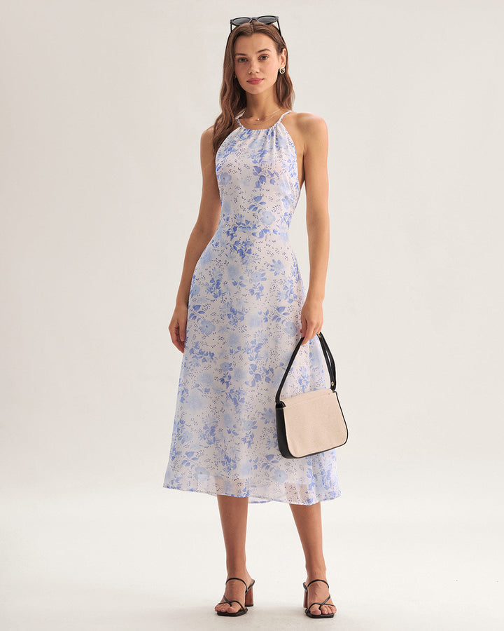 Clarice - Blaues Midikleid mit Blütenmuster
