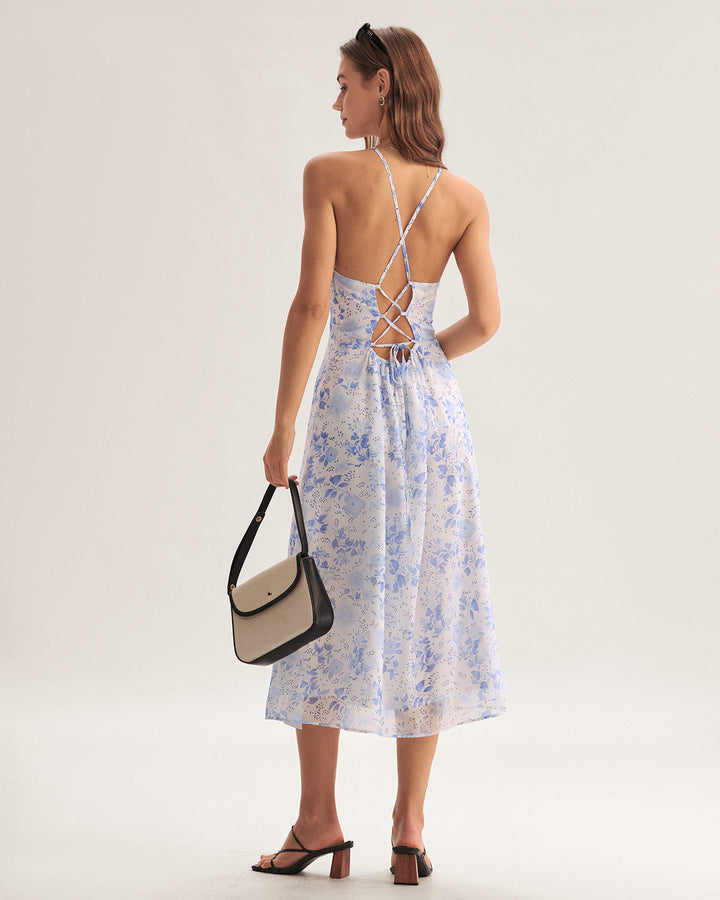 Clarice - Blaues Midikleid mit Blütenmuster