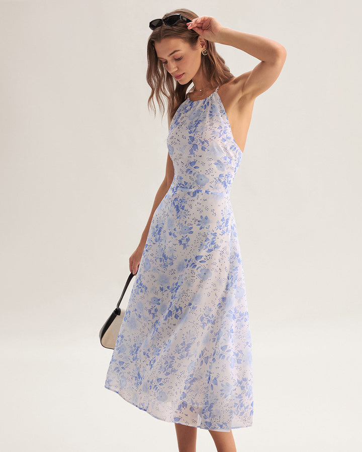 Clarice - Blaues Midikleid mit Blütenmuster